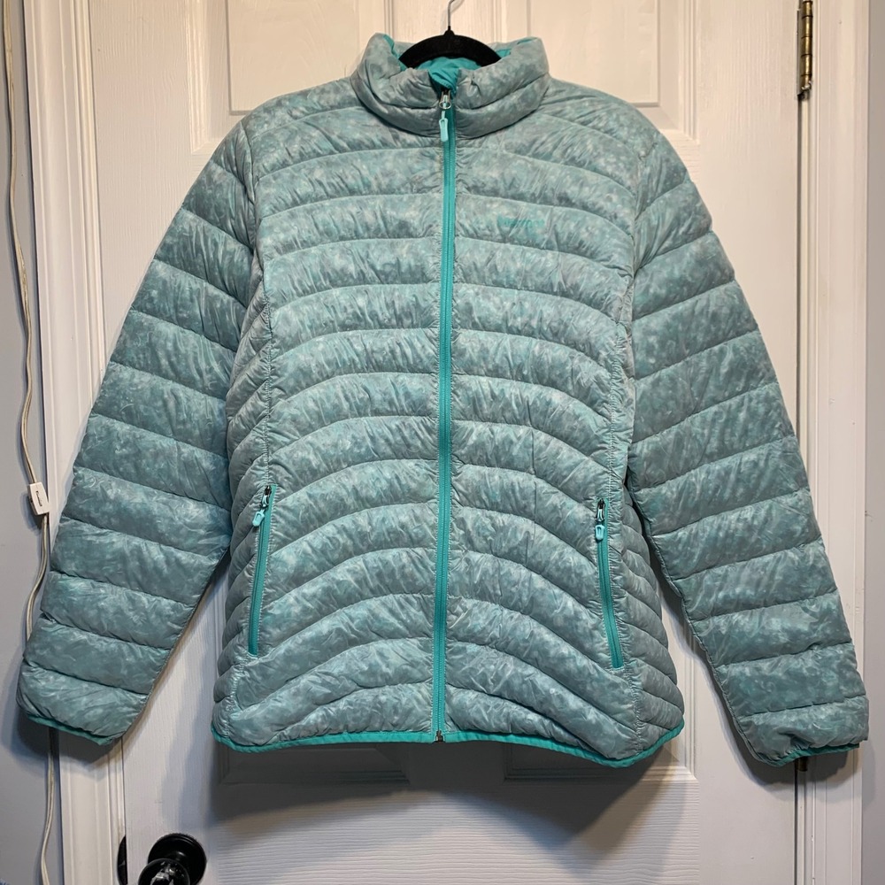 Marmot Puffer Jacket XL Aqua Teal Marbled Down Insulated Gorpcore Snow Winter